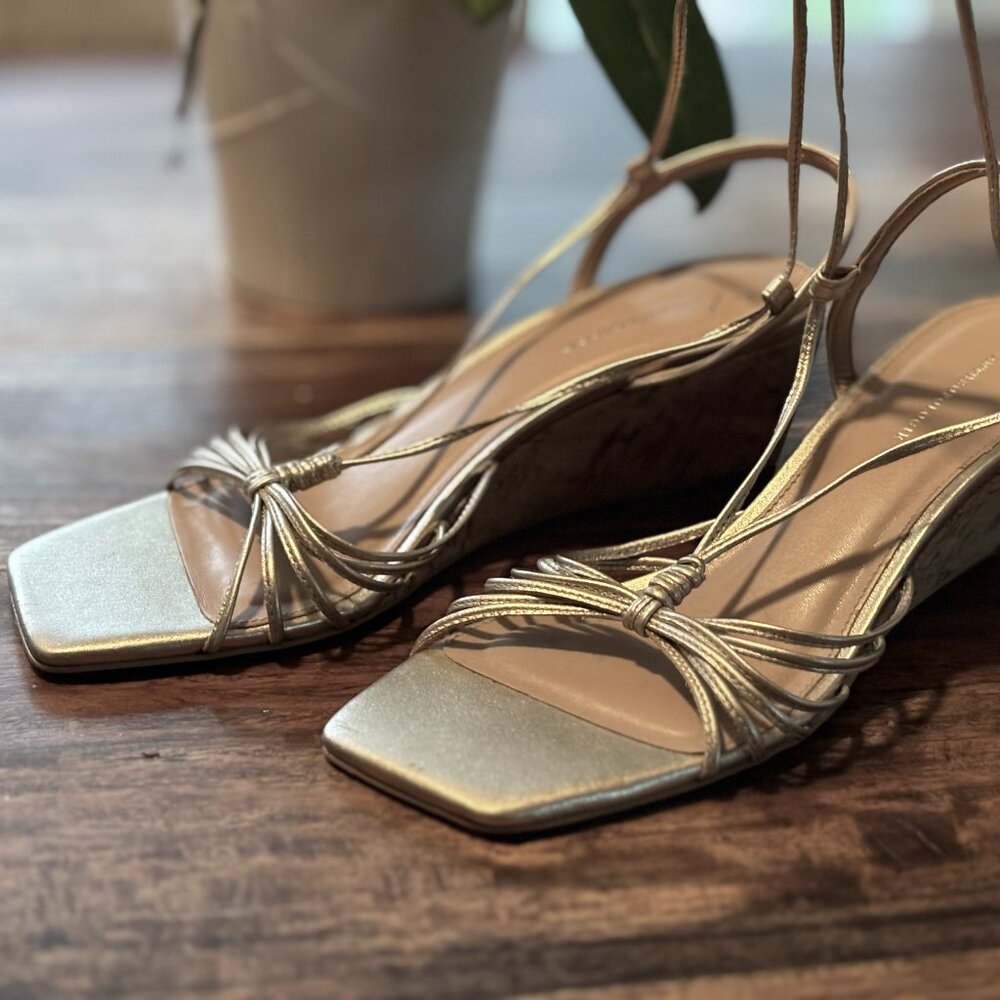 New Anthropologie Low Wedge Gold Strappy Sandals, Ankle Wrap